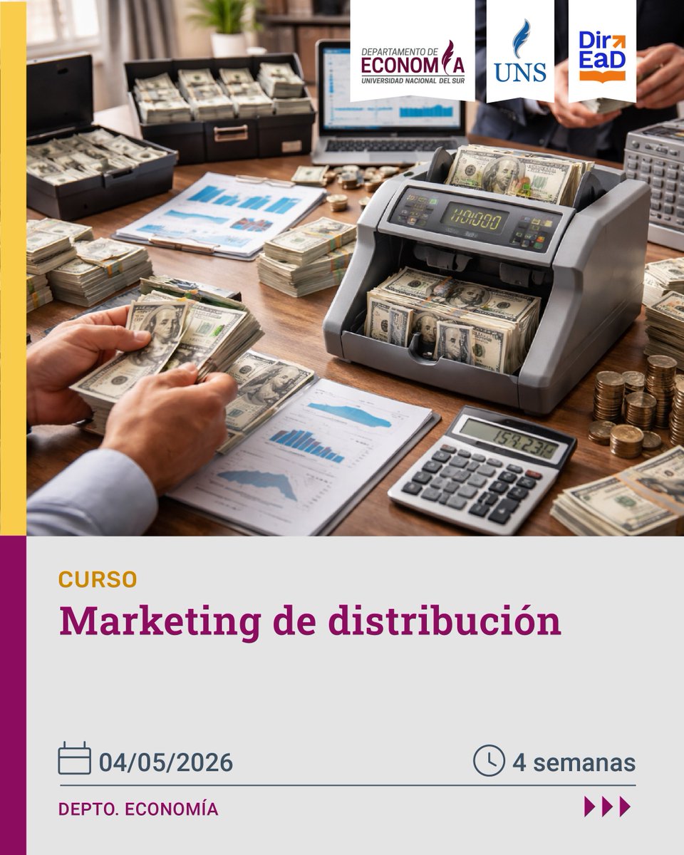 direaduns's tweet photo. 📢 Inscripciones abiertas | Marketing de Distribución
Desde DirEaD te invitamos a sumarte a este curso orientado a fortalecer herramientas clave para la gestión comercial y la toma de decisiones.
 Virtual 
📅 4/5/26
⏳  4 semanas
🎓 Certificación UNS
https://t.co/hluyUFEb7U https://t.co/prdE11SIHj