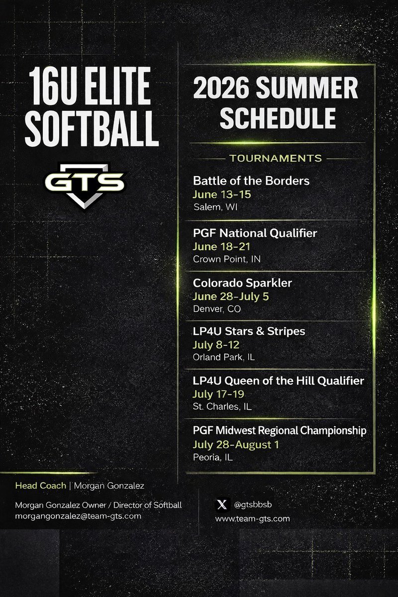 CeceSmithSB's tweet photo. 2026 Summer Schedule, come check us out! 
I’ll also be participating in the academic showcase at the sparkler 🧨 
| Cece Smith | RHP | 2028 |
@GTS16uElite @CoachMorganG https://t.co/nyhOY5MJjH