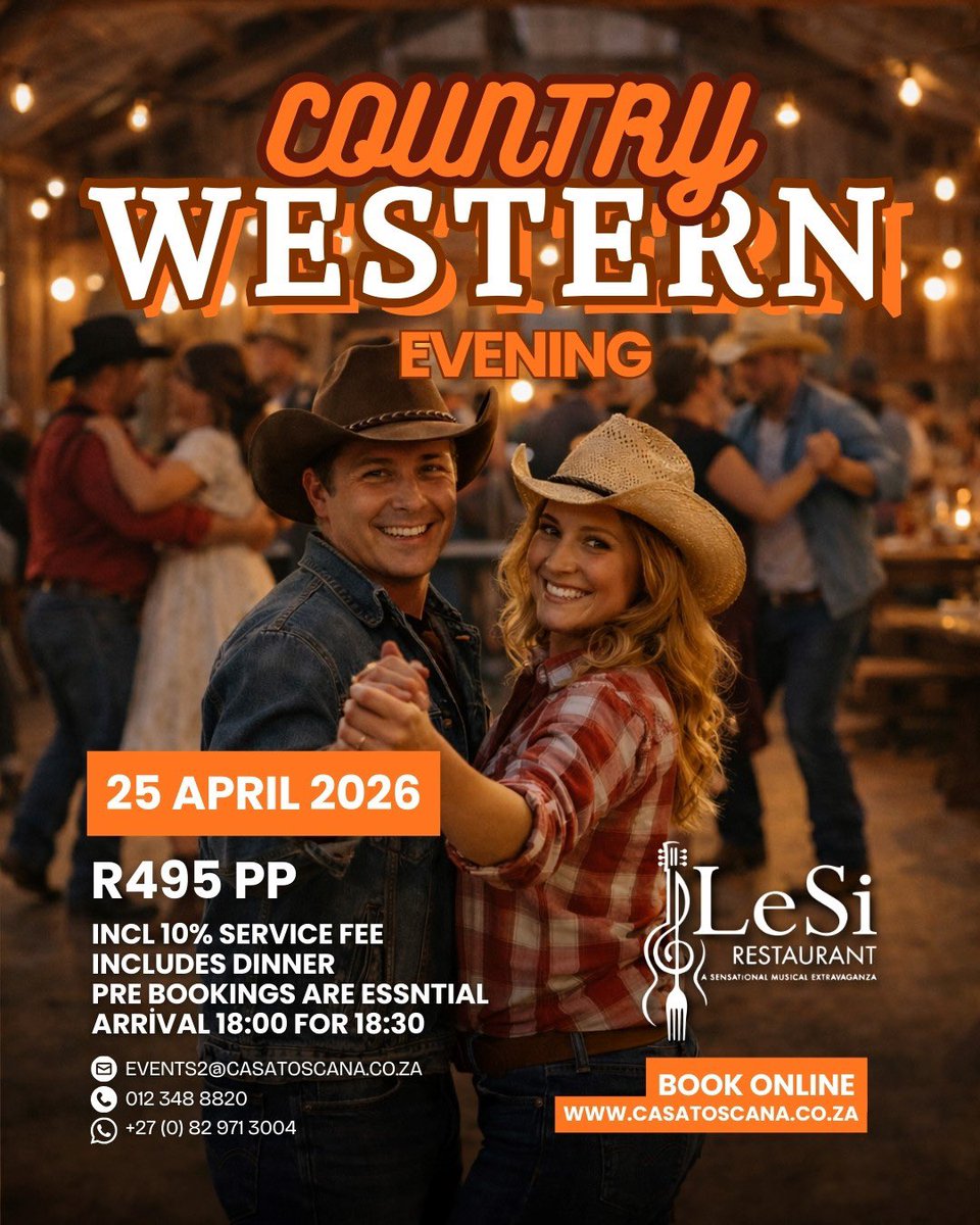 LeSiRestaurant's tweet photo. Step into your boots 🤠 and join us for a Country Western Evening at Lesi Restaurant!

📅 25 April 2026
💰 R495 pp (incl. dinner &amp; 10% service fee)
⏰ 18:00 for 18:30

Great food, vibes &amp; country charm 🎶
🎟️ Book now: https://t.co/aXsK0qWsTt https://t.co/VgItfka39O