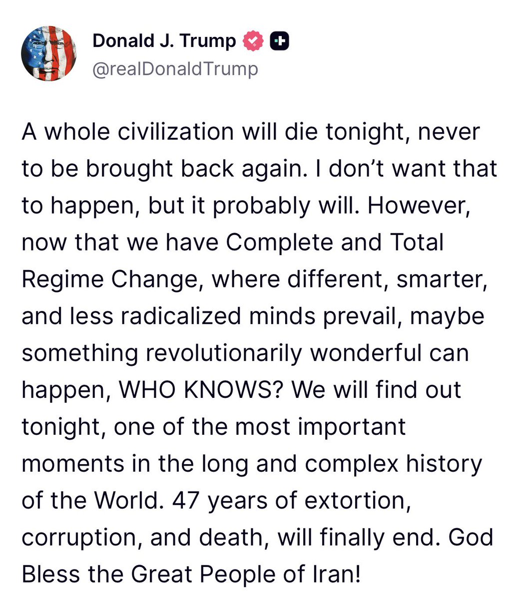 Über zwei Jahrzehnte erzählt Amerika der Welt, die größte Bedrohung hinsichtlich der Zerstörung von Zivilisationen und Völkern gehe von „islamistischem Terror“ aus.

Jetzt droht der amerikanische Präsident einer Zivilisation mit dem Tod.

Amerika war und ist
der wahre Terrorist.