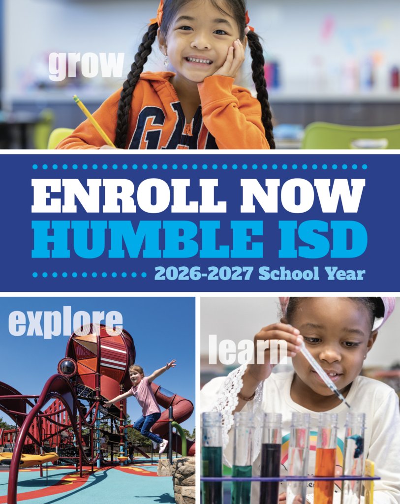 HumbleISD_HHS's tweet photo. Enrollment in #HumbleISD is NOW OPEN for the 2026-2027 School Year!
✏️ Pre-K (eligibility based)🏫 New to District Students🎒 Out-of-District Limited Open Enrollment
 https://t.co/4hu1q46lDs
Come EXPLORE, LEARN, and GROW in Humble ISD! https://t.co/TqQKaAEDzs