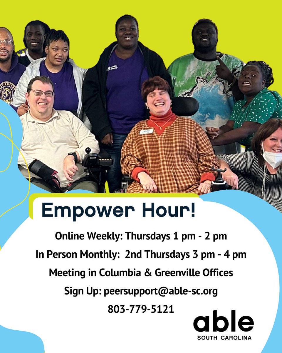 Able_SC's tweet image. Empower Hour! Have a disability? Empower Hour is led by your peers. If you'd like to join, contact peersupport@able-sc.org or call 1-800-681-6805. Online weekly: Thursdays, 1-2 pm; In Person Monthly at Columbia and Greenville offices: 2nd Thursday from 3-4 pm
#DisabilityPride