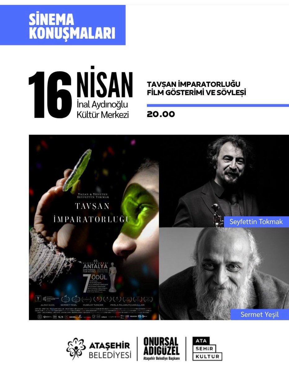 Tavşan İmparatorluğu 16 Nisan’da Ataşehir’de.

🗓️Film gösterimi ve söyleşi
🎙️Seyfettin Tokmak
🎙️Sermet Yeşil

🕓20.00
📍İnal Aydınoğlu Kültür Merkezi

#Tavşanİmparatorluğu #Ataşehir