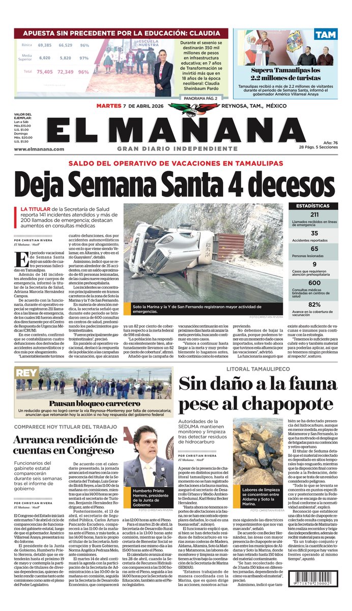elmananareynosa's tweet image. ⏰ ¡Buenos días! 🌞

Hoy Martes 7 de Abril 2026 ésta es la portada de nuestra edición impresa.

🌎 Manténgase al tanto de lo que pasa en la #localidad, la #región y el #mundo 🌎