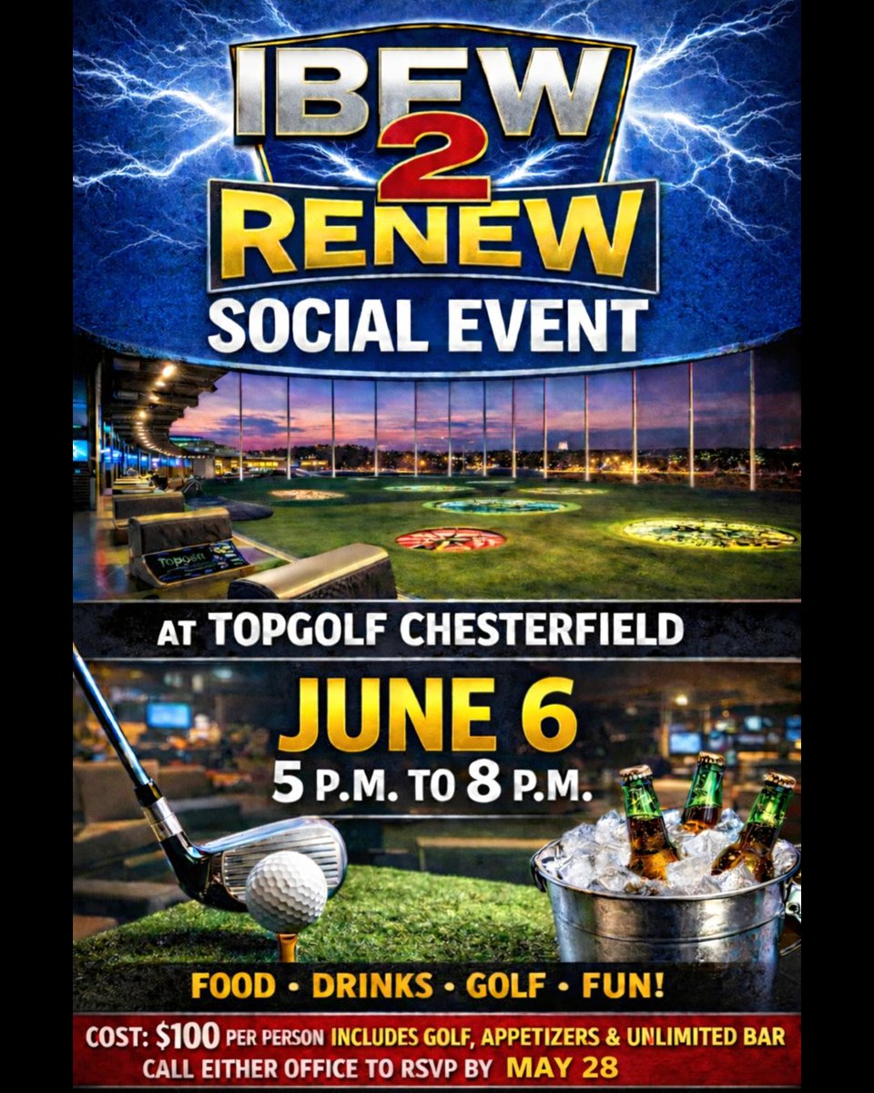 The RENEWTopgolf event has been rescheduled for June 6. Please call either office by May 28 to RSVP.