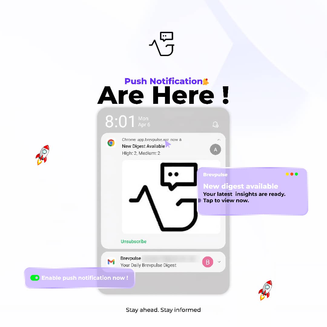 brevpulse's tweet photo. We heard you,

You wanted faster access to your digests. So we built it.

Push notifications are now live on Brevpulse. Get alerted the moment your daily insights are ready... with a quick summary at a glance.

Head to https://t.co/WAzcFIOFpr and turn it on. https://t.co/KLxjZrixdI