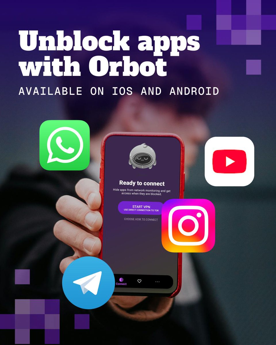 guardianproject's tweet image. Blocked apps? Not today 😎 Orbot helps you stay connected—even when networks try to block you. Available for iOS and Android.
#StayConnected #UnblockApps #InternetFreedom