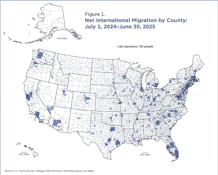 US, net migration, counties, 2025