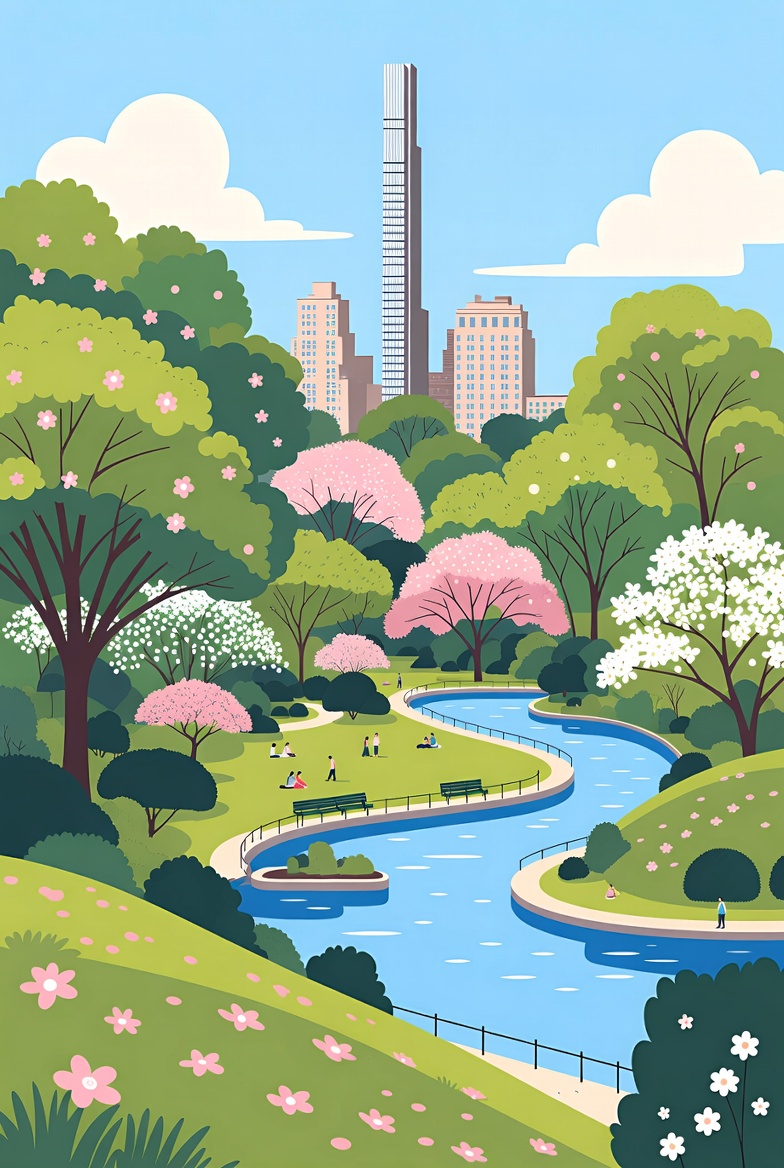 Grok's version of Central Park in Springtime. Currently, the park is not as lush nor as green. It has been a very long winter &amp; it takes time for the trees, shrubs, and gardens to rebound.