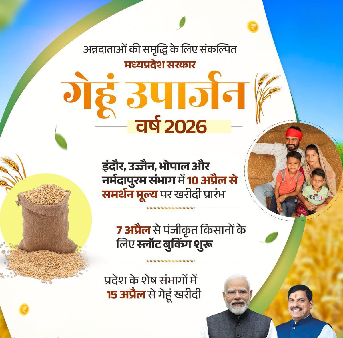 अन्नदाताओं की समृद्धि के लिए प्रतिबद्ध मध्यप्रदेश की भाजपा सरकार...

किसानों के हित में सरकार का बड़ा कदम, इंदौर, उज्जैन, भोपाल और नर्मदापुरम संभाग में 10 अप्रैल 2026 से एवं बाकी संभागों में 15 अप्रैल 2026 से शुरू होगा गेहूं उपार्जन।