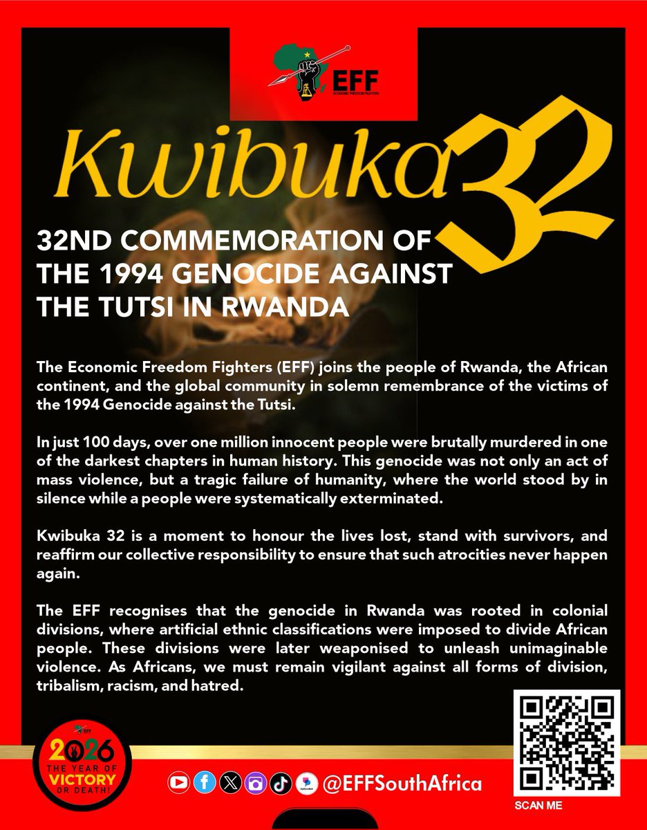 The EFF joins the people of Rwanda, the African continent, and the global community in solemn remembrance of the victims of the 1994 Genocide against the Tutsi.