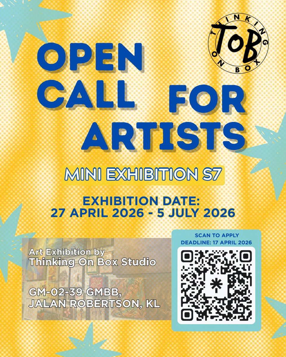 ThinkingOnBox's tweet photo. OPEN CALL FOR ARTISTS!

All types of artists are welcome to exhibit their artwork(s) at our studio. This would be our 7th mini exhibition featuring YOU starting from 27 Apr.  - 5 Jul. 2026

We are open to limited numbers of applications. So, apply now!

All the best 💪🏻😤 https://t.co/KK8qATouet