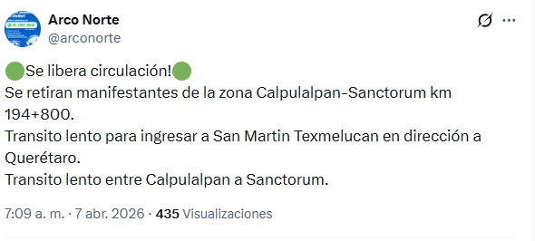 JCarlos_Valerio's tweet photo. #Actualización || Ya fue liberada la circulación en el Arco Norte, en la zona de #Calpulalpan - #Sanctorum. Hay tráfico lento para ingresar a San Martín #Texmelucan con sentido a #Querétaro. https://t.co/Son6AqmmJ3