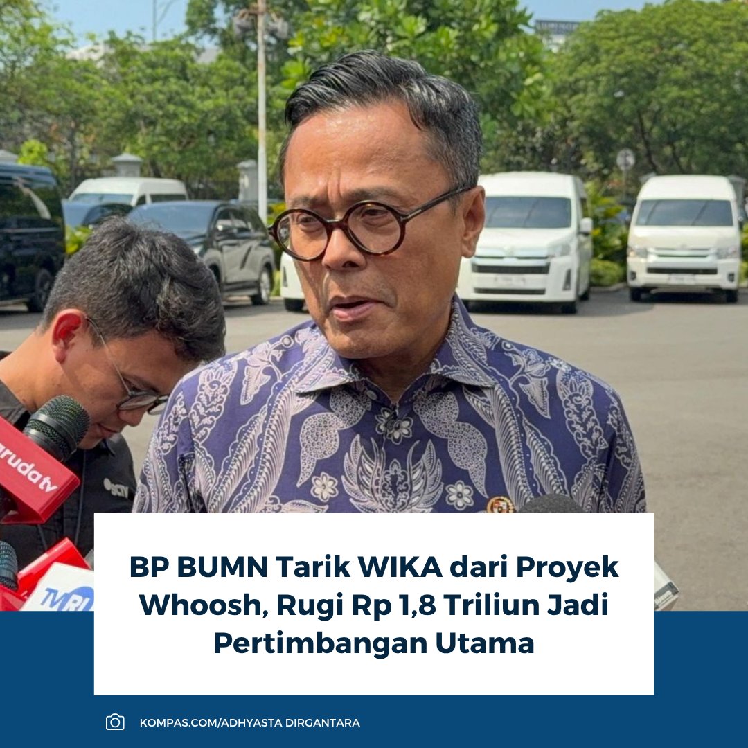 kompascom's tweet photo. BP BUMN menarik WIKA dari proyek Whoosh akibat beban rugi Rp 1,8 triliun per tahun. Pemerintah ingin WIKA kembali fokus ke bisnis inti konstruksi.

Baca selengkapnya: https://t.co/ogC6Hwe9Kx

~RK #WIKA #BUMN #rugi https://t.co/0jFnV6pwur
