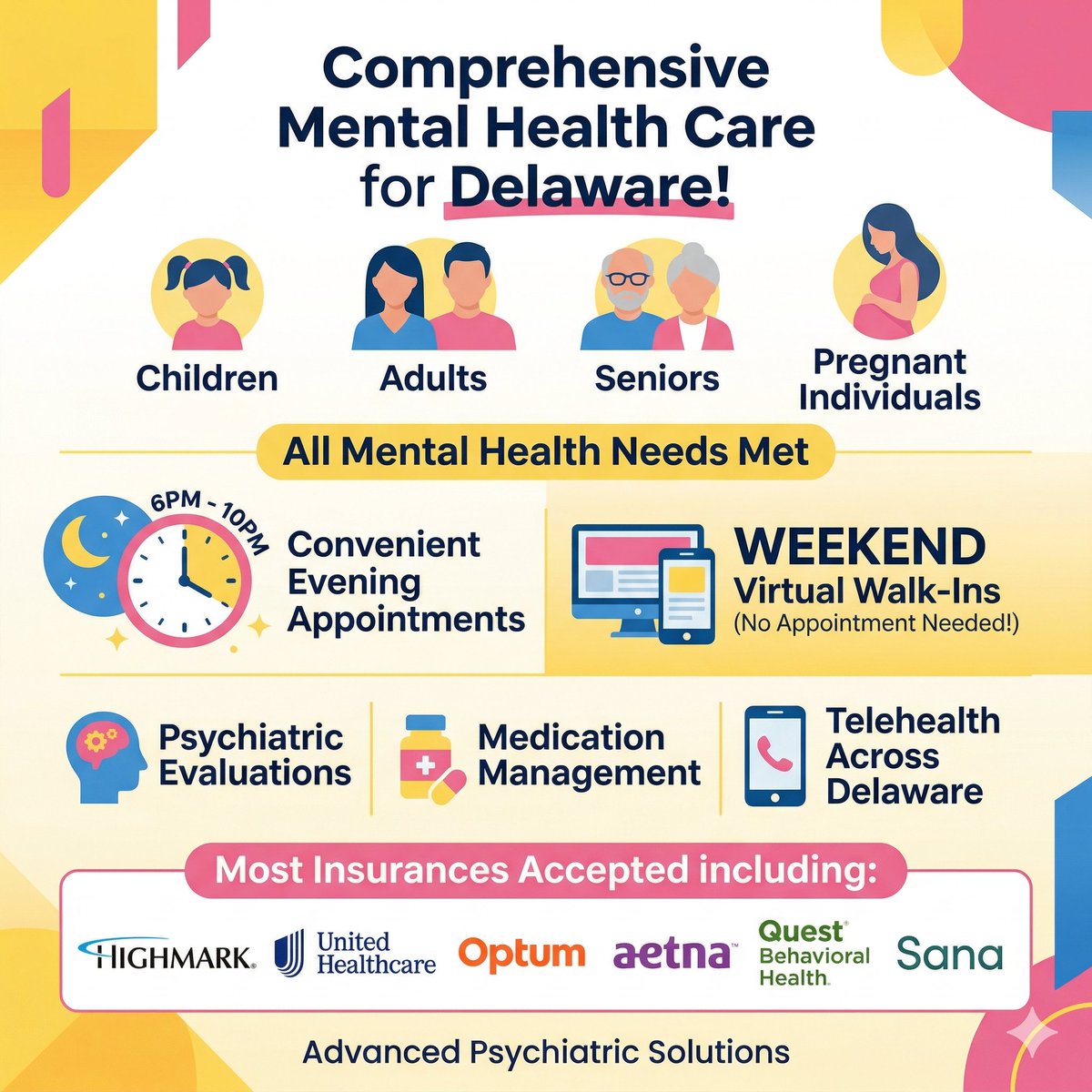 Adpsychsolution's tweet photo. Advanced Psychiatric Soltions
Our Services:

📋 Psychiatric Evaluations

💊 Medication Management

💻 Telehealth Appointments (available throughout Delaware!)

🌙 Evening Appointments: 6 PM – 10 PM

724-246-4862
https://t.co/In8aHPoHcF
#mentalhealth #telehealth #anxiety #Delware https://t.co/A2KTJM50jS