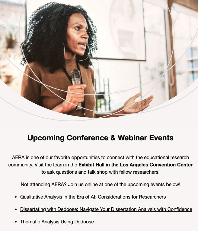 Dedoose's tweet photo. Not attending AERA26? You can still join us online during upcoming training events: https://t.co/26c9xhYNkL

BONUS: Receive 10% off the BYOD/Bring Your Own Data course offered through The Institute for Mixed Methods Research with code IMMR10: https://t.co/cze7Btmz0P https://t.co/MnEhVx7o5z