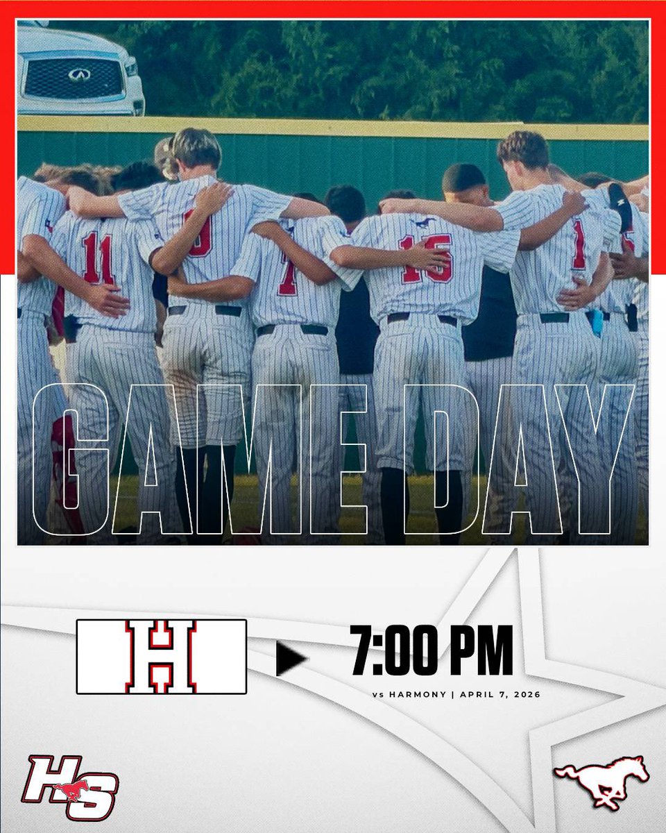 HS_MustangsBSB's tweet photo. Game Day! 
Mustangs take on Harmony tonight at 7 PM at home! 
Come out and support these boys! https://t.co/RcYh4re6AG