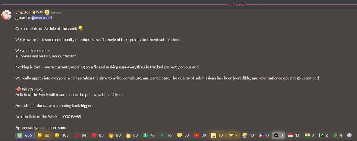HottieBabeGem's tweet image. Update @ConcreteXYZ!

• Some community members haven’t received points for recent article submissions.

• All missing points will be fully accounted for and nothing is lost.

• They fixing and ensuring it works correctly.

• Once the fixed is done, the “Article of the Week”