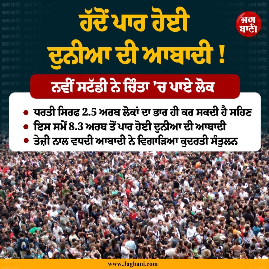 JagbaniOnline's tweet image. ਹੱਦੋਂ ਪਾਰ ਹੋਈ ਦੁਨੀਆ ਦੀ ਆਬਾਦੀ !
#Earth #Population #Study #LimitPopulation #Jagbani