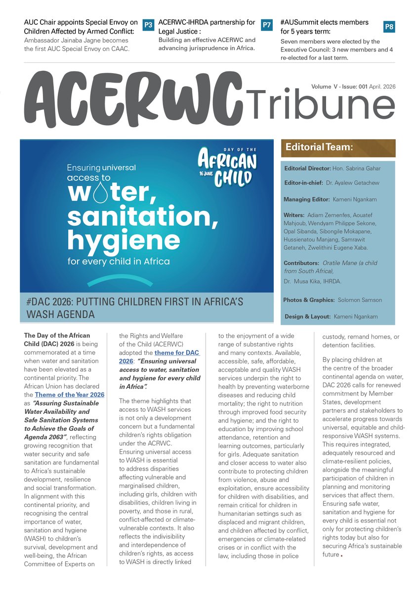 acerwc's tweet image. #ACERWCTribune🗞️ is OUT!

 In this edition:

▪️A deep dive into #DAC2026 theme on #WASH🚰

▪️ Analysis on Advancing the rights of children with psycho-social disabilities 📚

▪️  Reflection on IHRDA's role in legal advocacy with ACERWC ⚖️

Download🌐🌐🔗🔗acerwc.africa/en/resources/p…