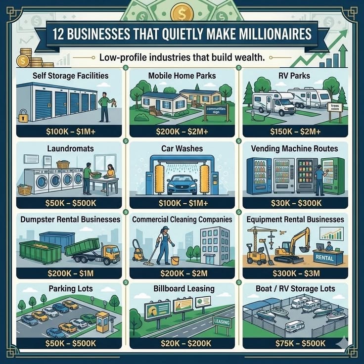 HustlerzHub's tweet image. 12 Businesses That Quietly Make Millionaires