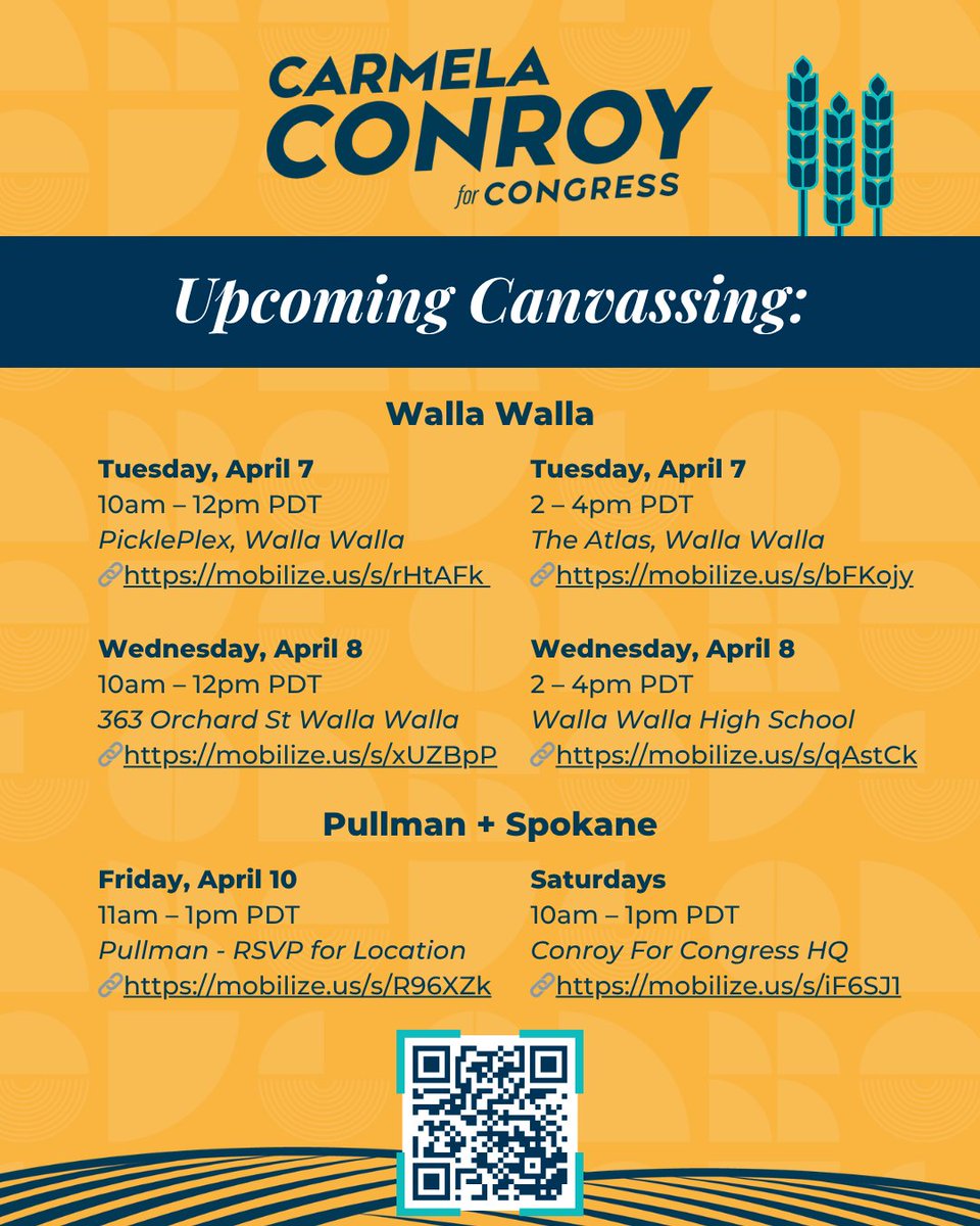Team Eastern WA is hitting the ground this week in #WA05 - canvassing in Walla Walla, Pullman, and Spokane! 💪 Will you join us?

RSVP for upcoming canvasses at the links below, or explore more ways to get involved here: mobilize.us/conroyforcongr…