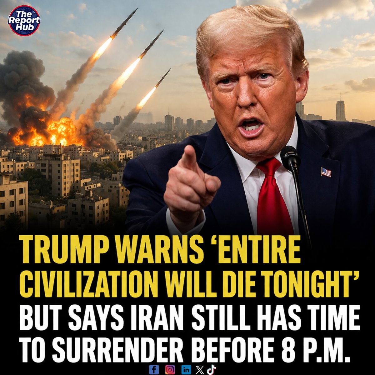 TheReportHub's tweet image. *Trump warns 'entire civilization will die tonight' but says Iran still has time to surrender before 8 p.m.*
Disclaimer: This content is for informational purposes only.
#DonaldTrump #FinalWarning #middleeastconflicts #iranarmy #Ultimate