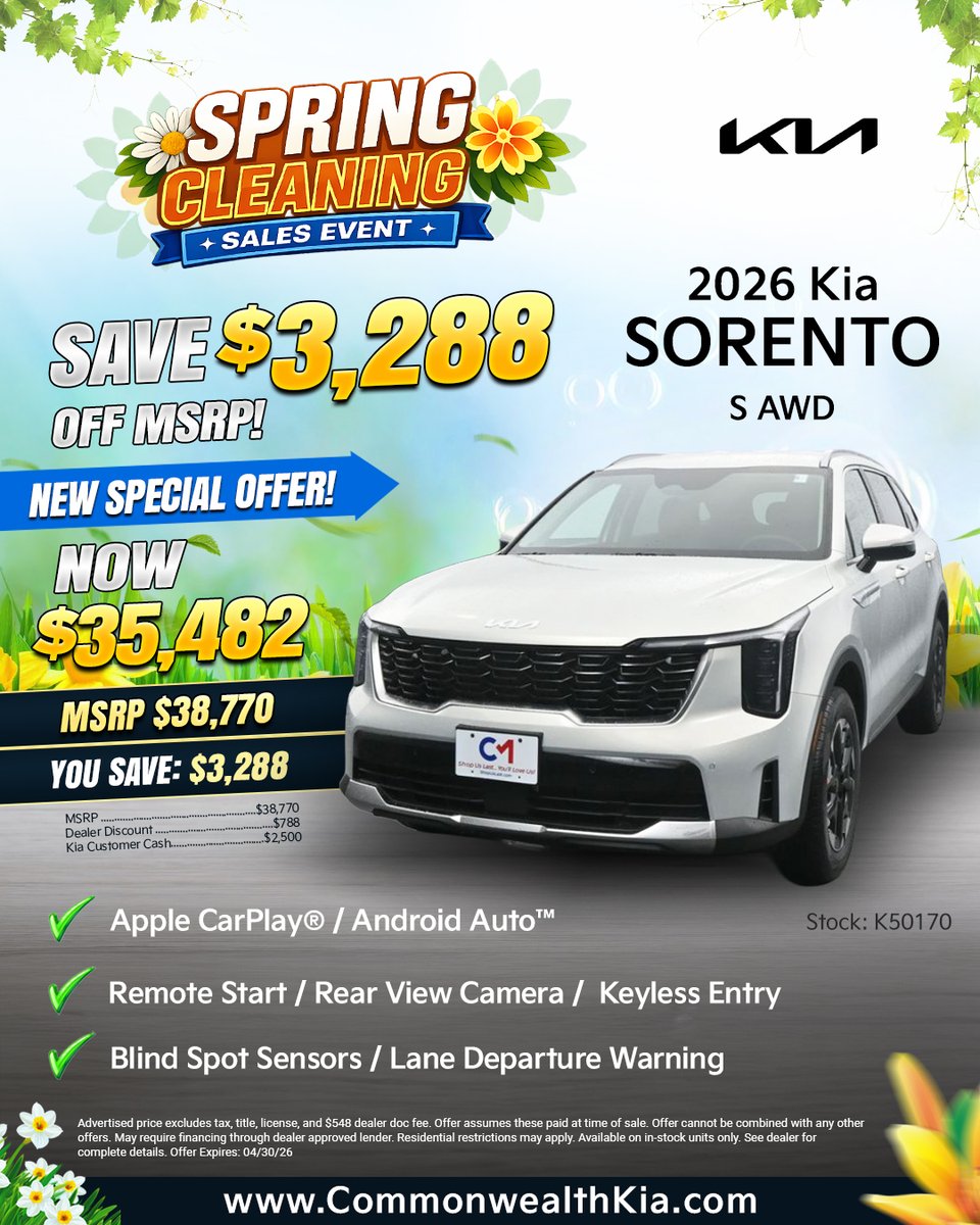 CMKIA_'s tweet image. 🌸 Deal of the Day!
🚙 2026 Kia Sorento S AWD
🔥 Save $3,288 off MSRP
💰 Now $35,482
🌐 Shop now at CommonwealthKia.com
#KiaSorento #KiaDeals #SpringCleaningSalesEvent #LawrenceMA #MerrimackValley #ShopUsLast