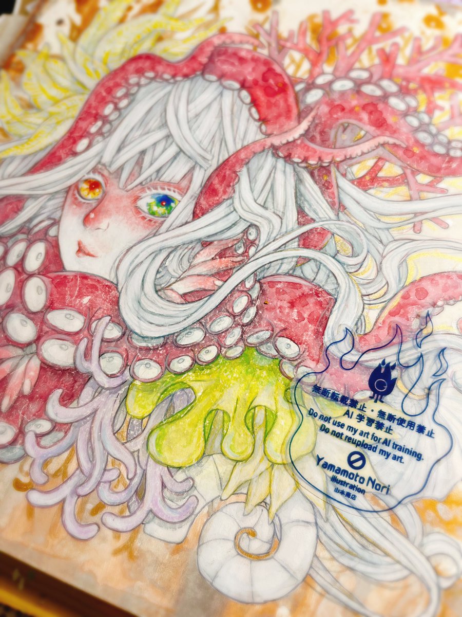 nori0u0nori's tweet image. #絵描きさんと繋がりたい
#絵柄が好みって人にフォローされたい
#octopus

「アンジュウ」2021
アクリル画　250×250mm