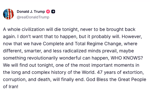 So the President of the United States of America, Donald J. #Trump, announces that he is straightaway committing extermination phase of a genocide on Iranians (i.e., killing an entire civilization), and all is well?! 
#USA #Genocide #EthnicCleansing