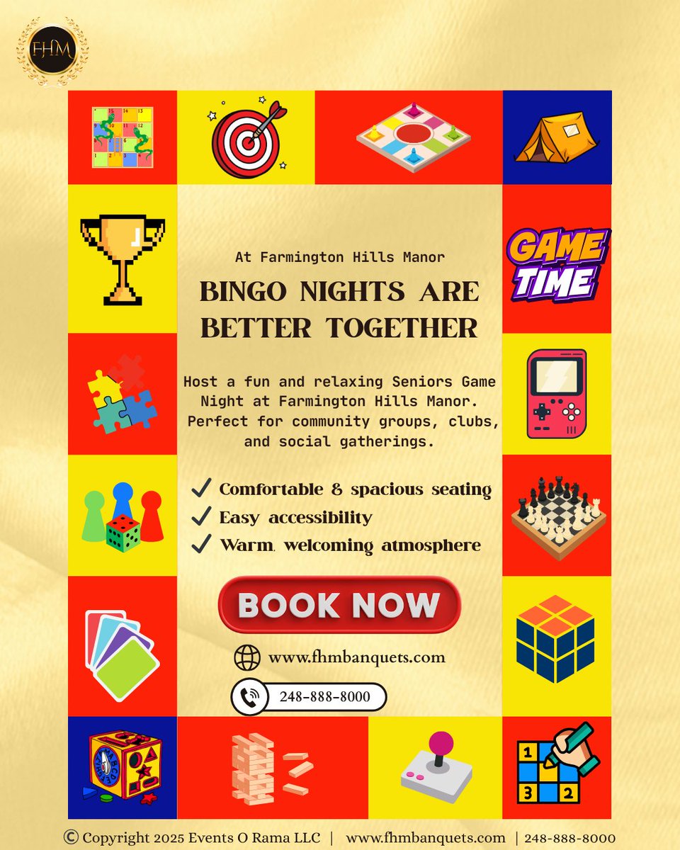FHMBanquets_MI's tweet photo. Your next big win could be hosting your group’s game night at FHM. 

We’re passionate about bringing community groups, clubs, and neighbors together. If you’re organizing a Seniors Game Night in Metro Detroit

Call us or tap “Book Now” to reserve your spot https://t.co/sCXNfvEQup