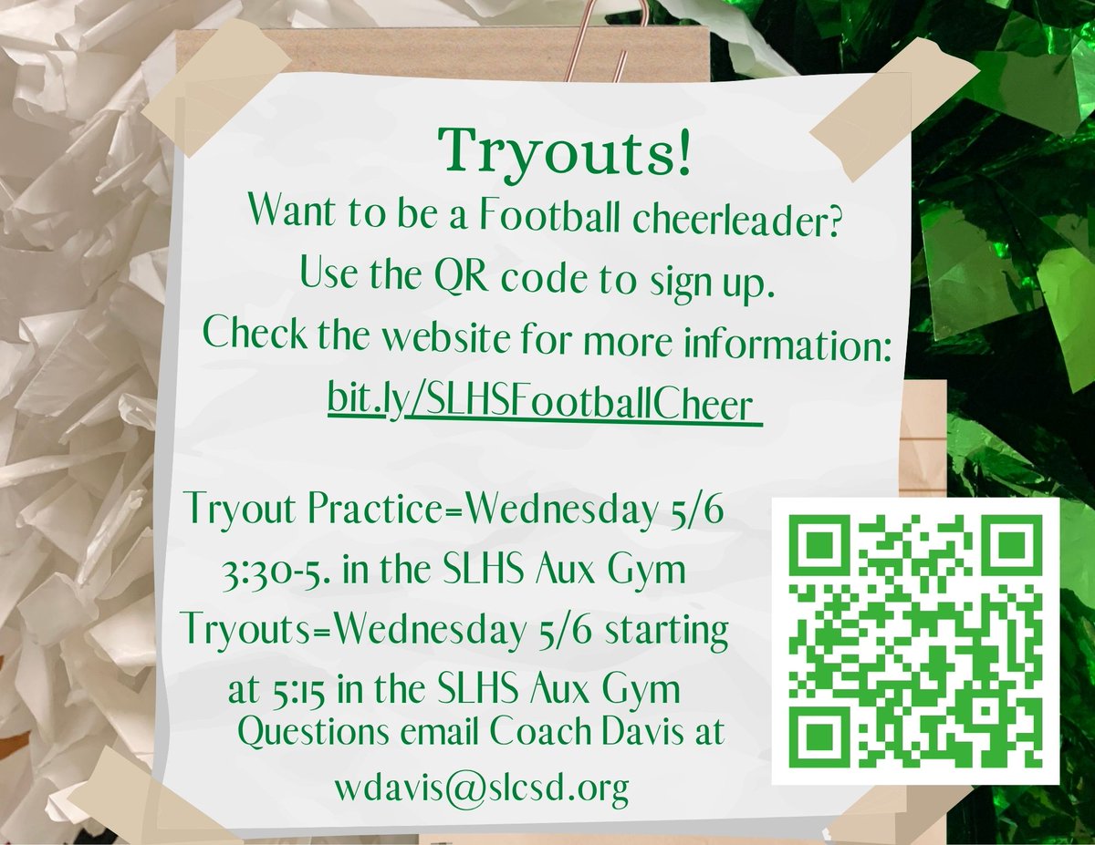 SLHSCheerleade1's tweet photo. 5 days until 🏈Cheer Tryout Practice and Tryouts!!! https://t.co/DIvcokSECF then ✔️ https://t.co/ubHlngaYoP for more info.   Practice=Wed 5/6 3:30-5.  Tryouts=Wed 5/6 starting at 5:15.  ❓❓email Coach Davis at wdavis@slcsd.org #GoBigGreen https://t.co/slmvoQG71Q