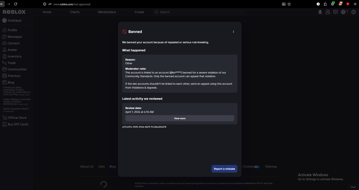 kori582's tweet photo. @Roblox i got  banned for another account and i didnt have that account linked and if i did i didnt know i would like to be unbanned  and the ko account shouldent be linked to mine https://t.co/A7UOd3Xkck