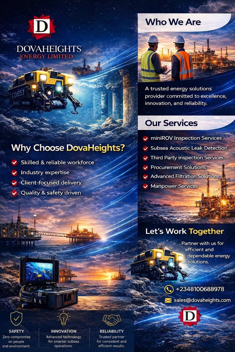 Dovaheights's tweet photo. Looking for reliable energy solution?
Dovaheights Energy Limited delivers innovation, safety, and efficiency across:
miniROV Inspection
Subsea Leak Detection
Third-Party Inspections
Procurement Solutions
Advanced Filtration
Manpower Services
Partner with us!!!
#EnergySolutions https://t.co/E4aVfT6oEo