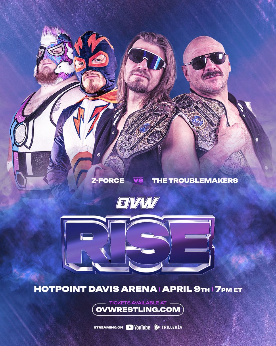 ovwrestling's tweet image. Z-Force faces the OVW Tag Team Champions, The Troublemakers, in a showdown that’s sure to shake things up!

They’re bringing all the intensity this Thursday on OVW Rise — but the gold isn’t on the line… yet.

🕖 7PM ET
📍 Hotpoint Davis Arena
🎟 ovwrestling.com