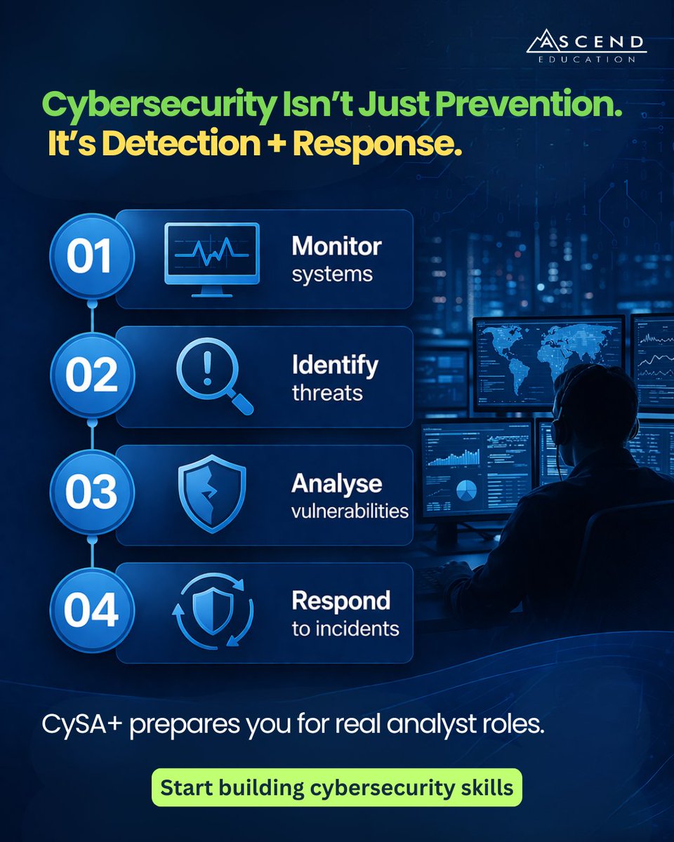 Ascend_EDU's tweet photo. Cybersecurity isn’t just blocking attacks.
It’s spotting threats early and responding fast.
That’s where real analyst skills come in.
Learn more →
https://t.co/neoBN3Lz6N
#CyberSecurity #CySA #AscendEducation https://t.co/fz3yawQ5Mv