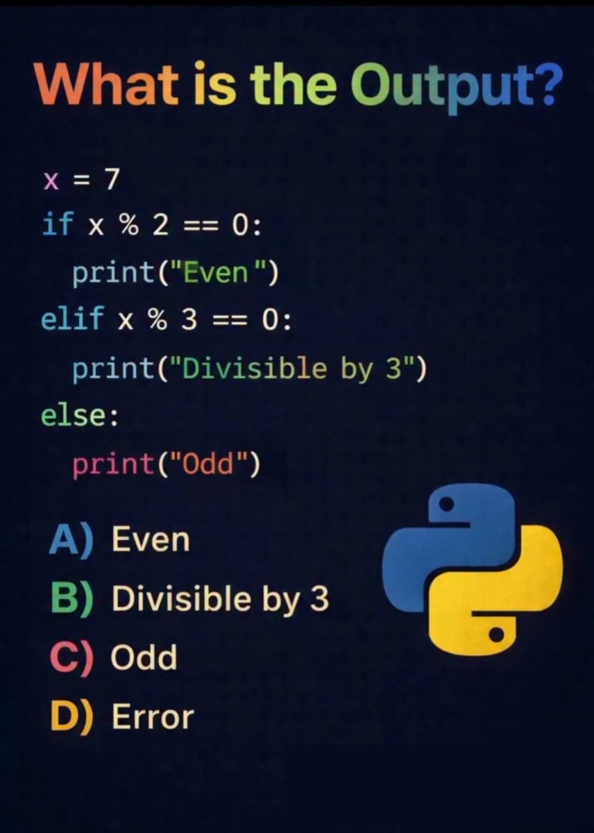 Python_Dv's tweet image. 🤔🚀 Comment your answer 👇👍⚡

#Python #PythonQuiz #CodingQuiz #CodingChallenge #ProgrammingPuzzle