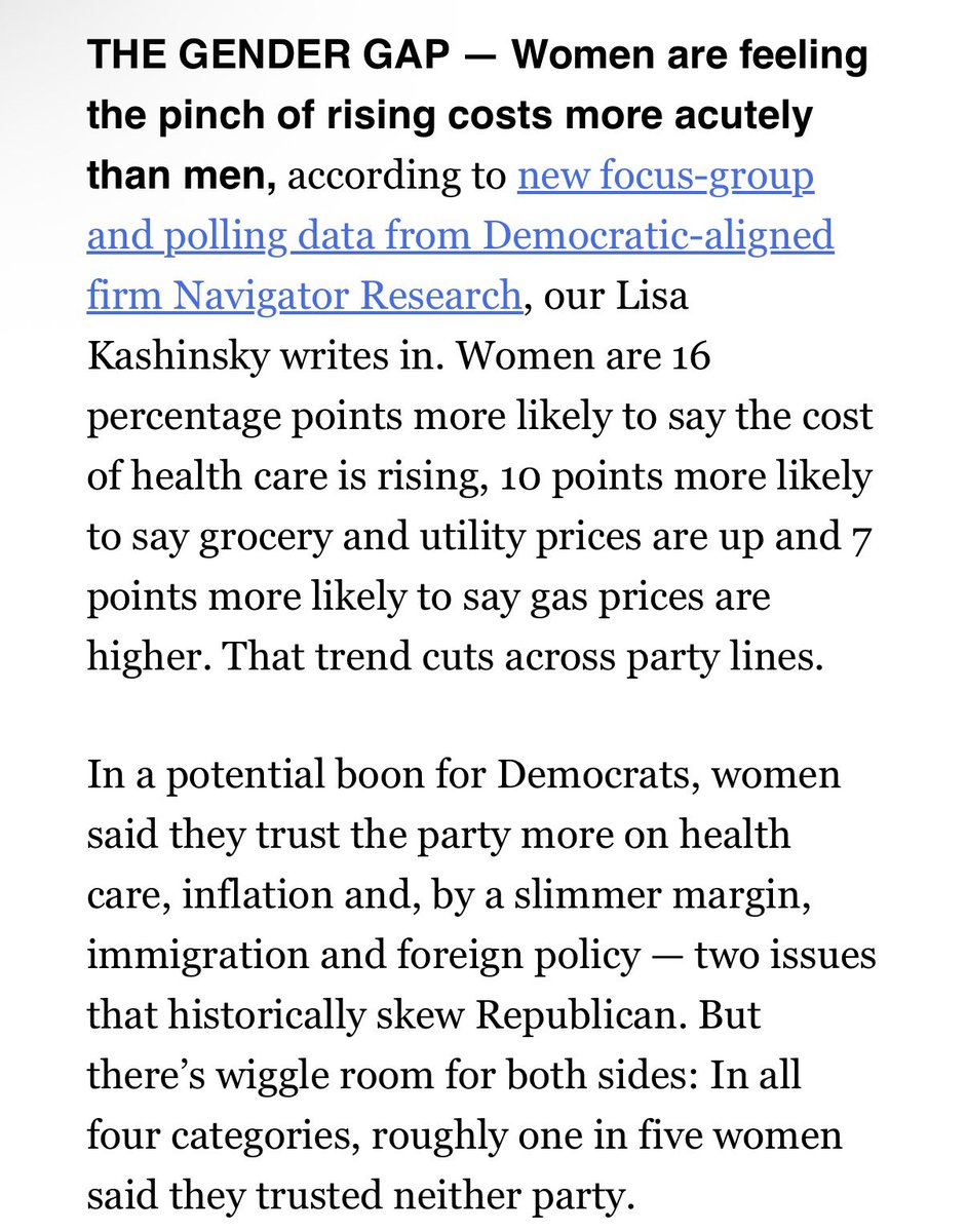 New from <a href="/NavigatorSurvey/">Navigator Research</a>: Women are feeling the pain of rising costs more acutely than men. They’re 16 points more likely to say health care is up, 10 points for groceries/utilities.

Women also trust Dems more on health care, inflation, even immigration.

From <a href="/politico/">POLITICO</a>’s Score