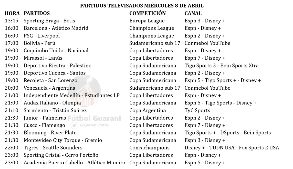 guarani_futbol's tweet photo. Partidos televisados miercoles 8 de abril. https://t.co/CSM25P3QbU