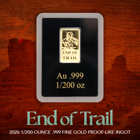 TheCoinVault's tweet image. The End of Trail is commemorated yet again, but this time on Prooflike gold! Shop this 2026 $20 ingot struck in .999 fine gold from the Republic of Liberia today when you visit the link! bit.ly/4bWYUjZ #Liberia #EndOfTrail #GoldCoin #Prooflike #TheCoinVault