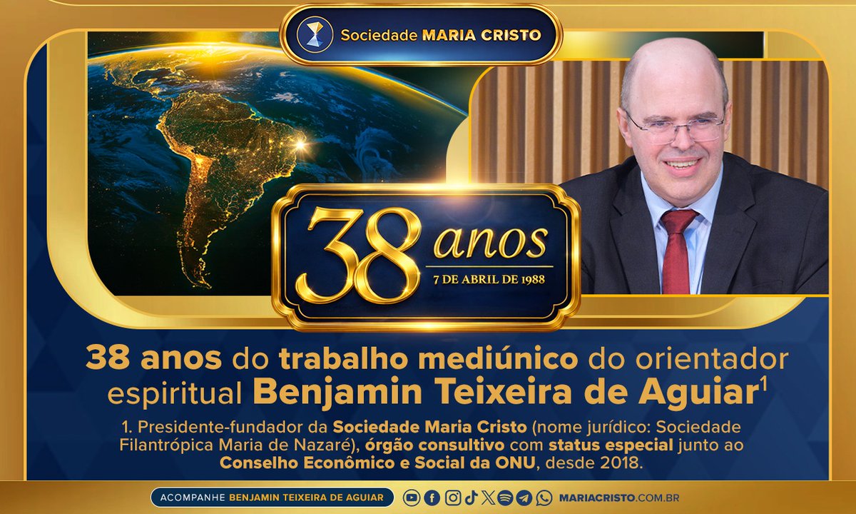 BenjaminTAguiar's tweet photo. 38 anos do trabalho mediúnico do orientador espiritual Benjamin Teixeira de Aguiar • https://t.co/bCvpqjsDNw

#SociedadeMariaCristo #38anos #BenjaminTeixeiradeAguiar #trabalhomediúnico #orientadorespiritual https://t.co/FqMNJ1iFS1