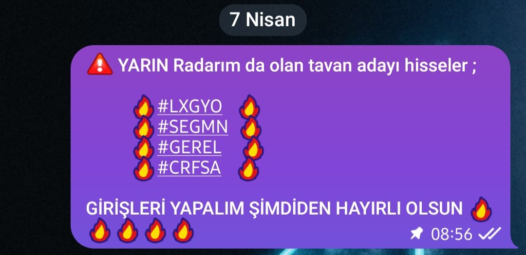Ozdemir_Asaf_1's tweet image. 🎯 Radar verdik, 4’te 4 alındı!

💠 #LXGYO +%4.23           🚀Tavan
💠 #SEGMN +%9.51         🚀Tavan 
💠 #GEREL +%5.16           🚀Tavan
💠 #CRFSA +%9.99           🚀Tavan

Takipte kalan kazandı, sıradaki fırsatlar yolda…

📩 Katılmak için profilden linke tıkla.