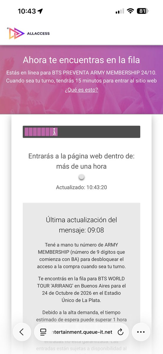 Mientras tanto en la del 24/10 me sigue tirando mas de una hora 💔