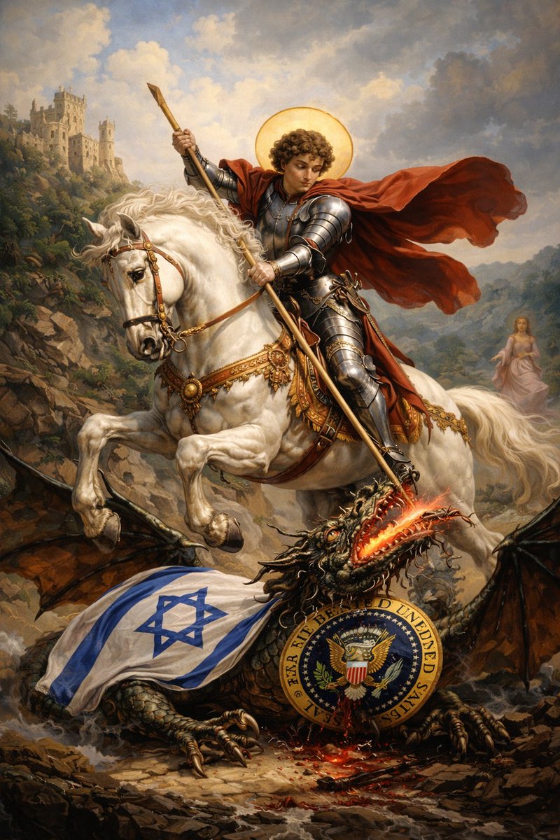 Saint George was a Roman Soldier, his mother was Palestinian, from Lydda, his father from Cappadocia.  His legend goes that he came upon a village that at first sacrificed sheep to a 'dragon', but upon running out of sheep began to sacrifice children. He intervened and slayed the