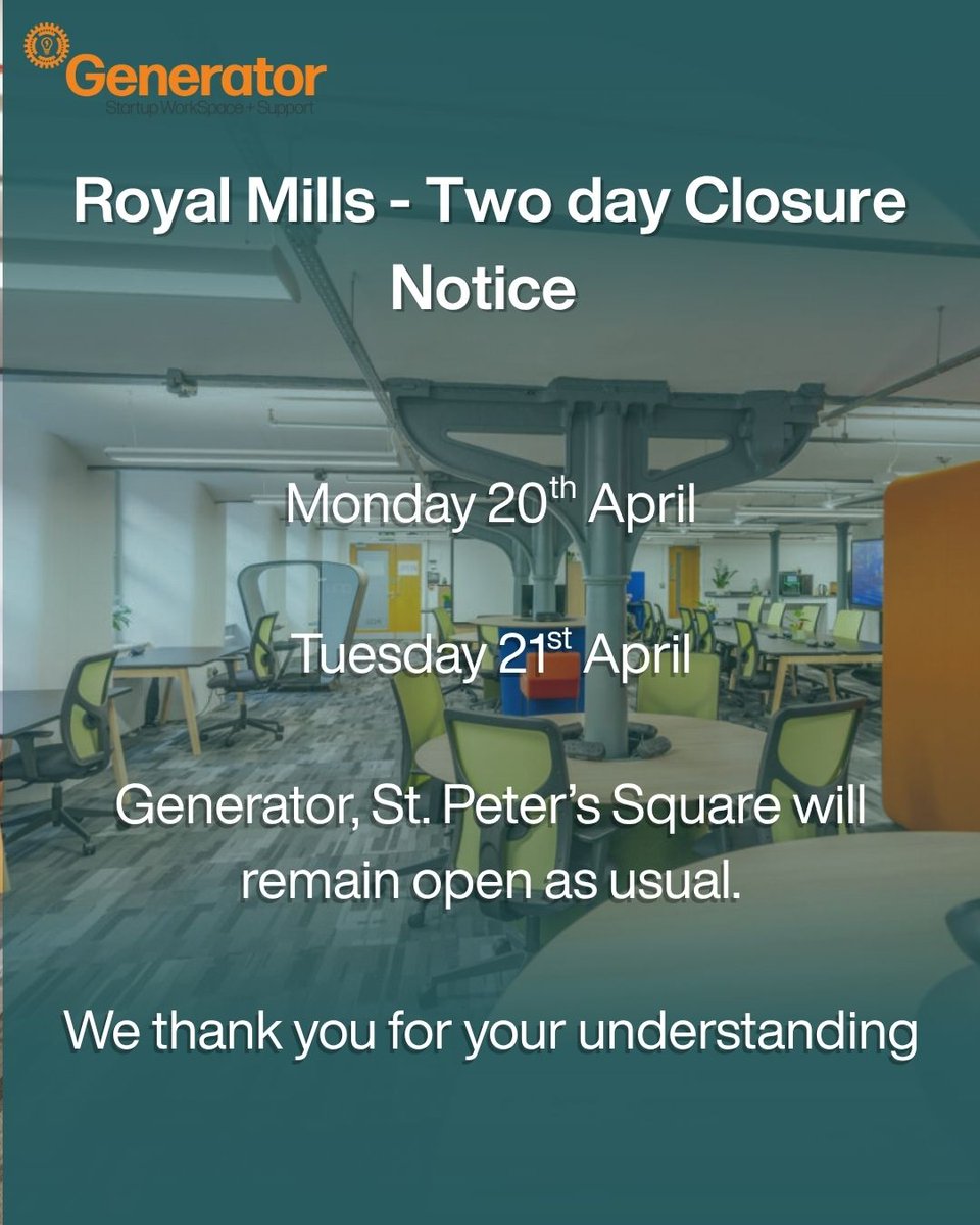 generatormcr's tweet photo. Good afternoon Generator Folks!

We are pleased to share that the monthly Networking Evening will take place on Thursday 30th April.

We also have a one-off two day closure upcoming at Royal Mills on the 20th - 21st of the month, please plan accordingly.

#coworking https://t.co/3FIF3Avlem