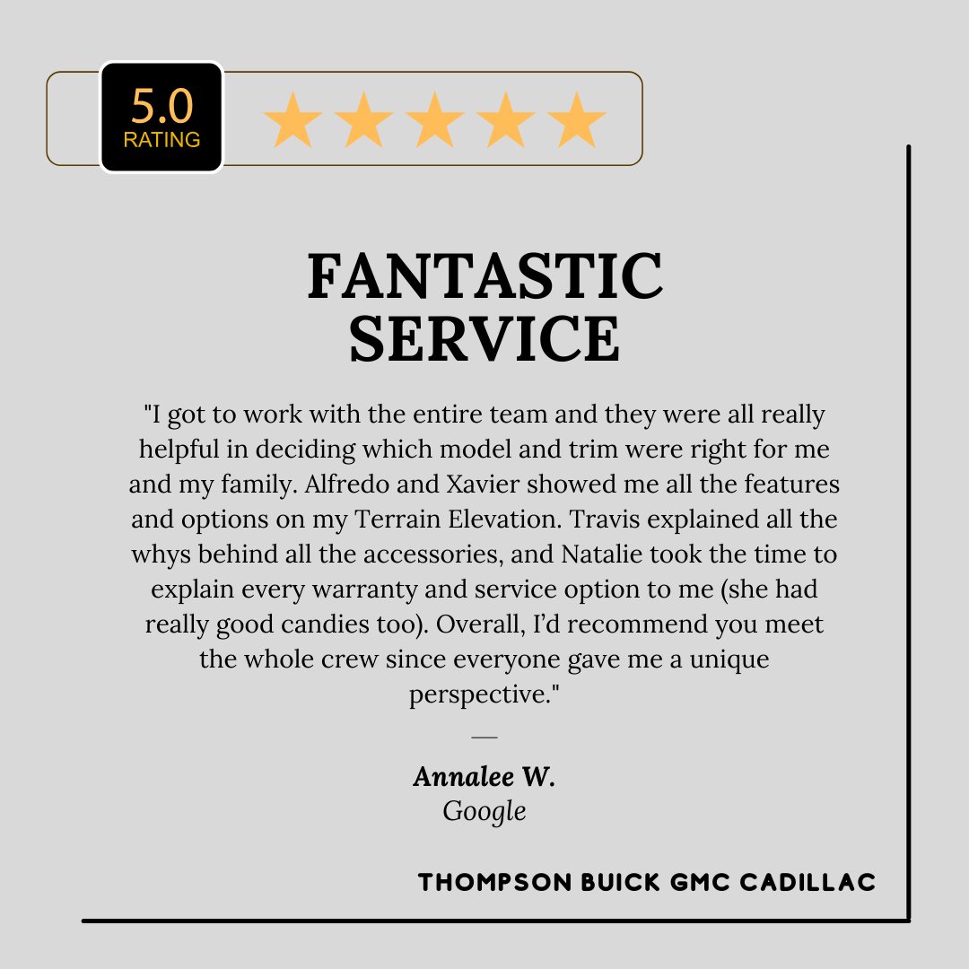 ThompsonCars's tweet photo. Thank you for sharing your experience, Annalee. We are glad the entire team could help you find the right model and trim for your family. We appreciate your recommendation and your kind words about our staff. https://t.co/YNZtIcPv3h