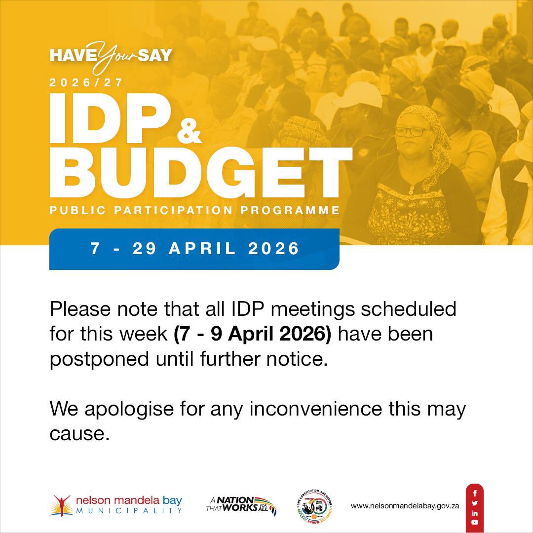 NMandelaBaymuni's tweet photo. 📢 IMPORTANT NOTICE: PUBLIC MEETINGS TEMPORARILY ON HOLD | HAVE YOUR SAY | IDP &amp; BUDGET 2026/27

Please be advised that all scheduled public meetings have been temporarily put on hold due to unforeseen circumstances. 

https://t.co/ng52gMaRgF https://t.co/9PrnV6VcAY