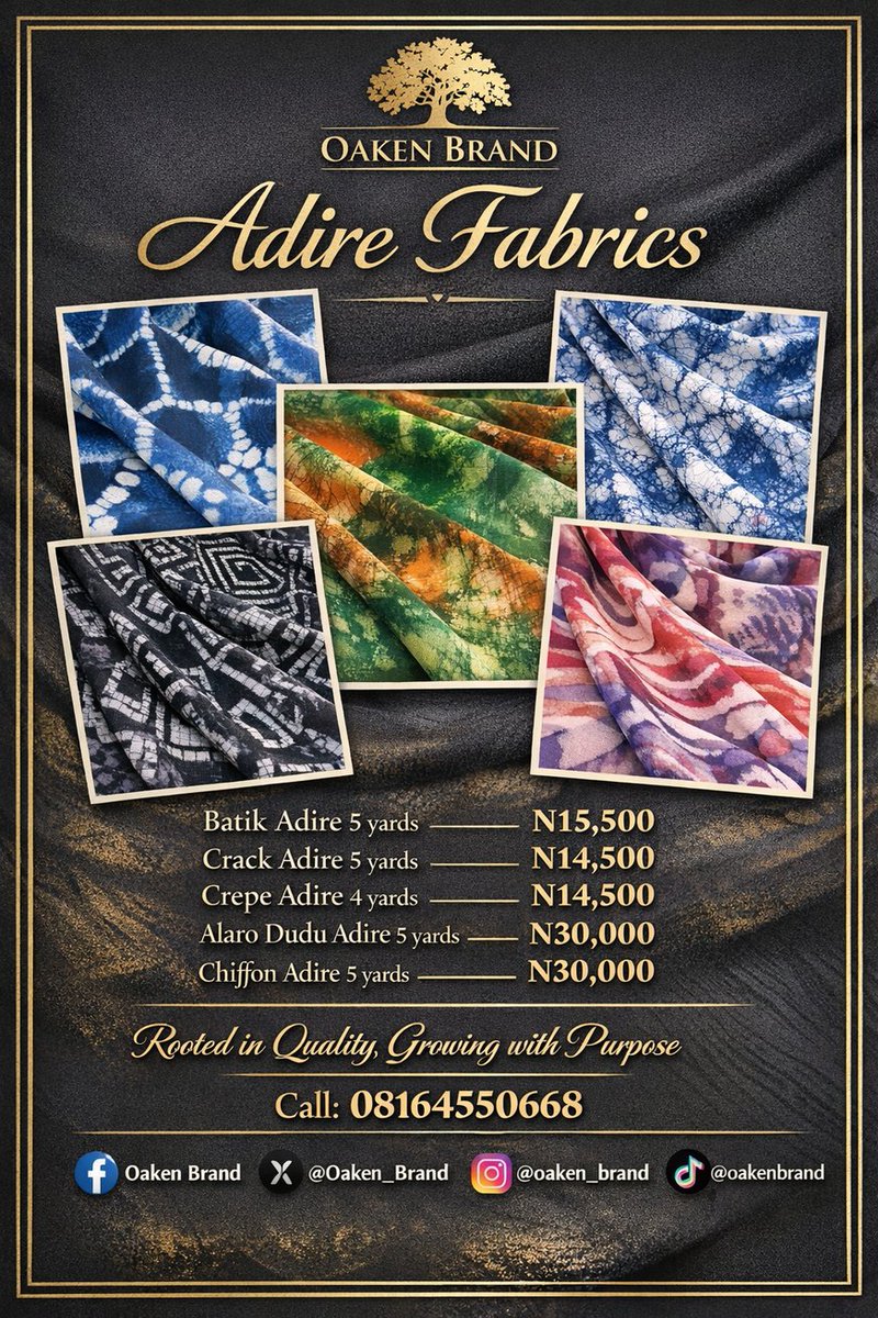 TheOakenBrand's tweet photo. Hi beautiful people,
Batik Adire Fabrics
N15,500
5 yards
Lagos,Nigeria/Delivery is Nation and Worldwide ✈️
To order, kindly send a DM or use link in our bio.
Pls rtw 🤲🏽 🙏🏽
#Vendorena
#pagesbydamicommerce
#iyaloja
#thespot
#TagOVC
@_DammyB_
@yay_tunes
@Berrychexplace https://t.co/axETykS6AF