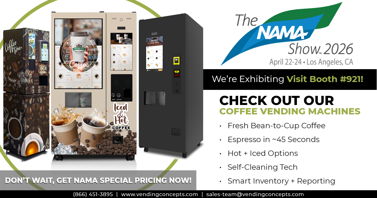 VendingConcepts's tweet photo. 👋Headed to the NAMA Show? 

Visit Booth #921 April 22–24 &amp; see our Coffee Machines: ☕️Espresso in ~45 sec 
💳Cashless payments 
📊Smart tracking  

Exclusive show pricing available NOW so call before the Show 817-631-1223  

#NAMA2026 #VendingConcepts https://t.co/Yb0L5Oqnh4