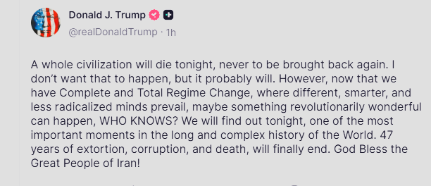 barondavid's tweet photo. How is this not a terrorist tactic or threat? The only difference is that the person making the threat commands the most powerful military in human history. War or not, this is not honorable. Are we not better than this? https://t.co/tJibgb9ROD